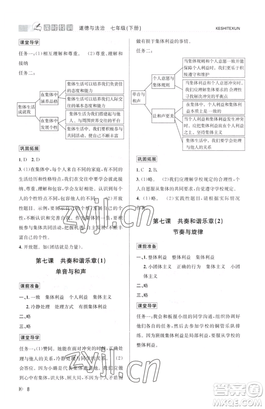 浙江人民出版社2023課時(shí)特訓(xùn)七年級(jí)下冊(cè)道德與法治人教版參考答案