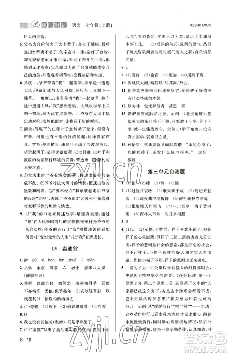 浙江人民出版社2023課時(shí)特訓(xùn)七年級(jí)下冊(cè)語文人教版參考答案