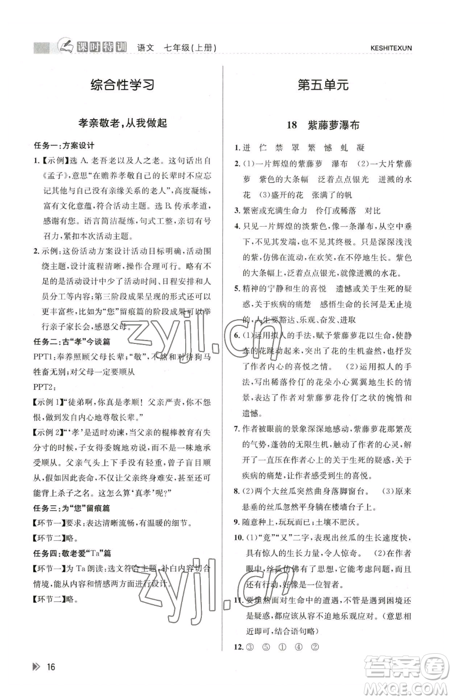 浙江人民出版社2023課時(shí)特訓(xùn)七年級(jí)下冊(cè)語文人教版參考答案