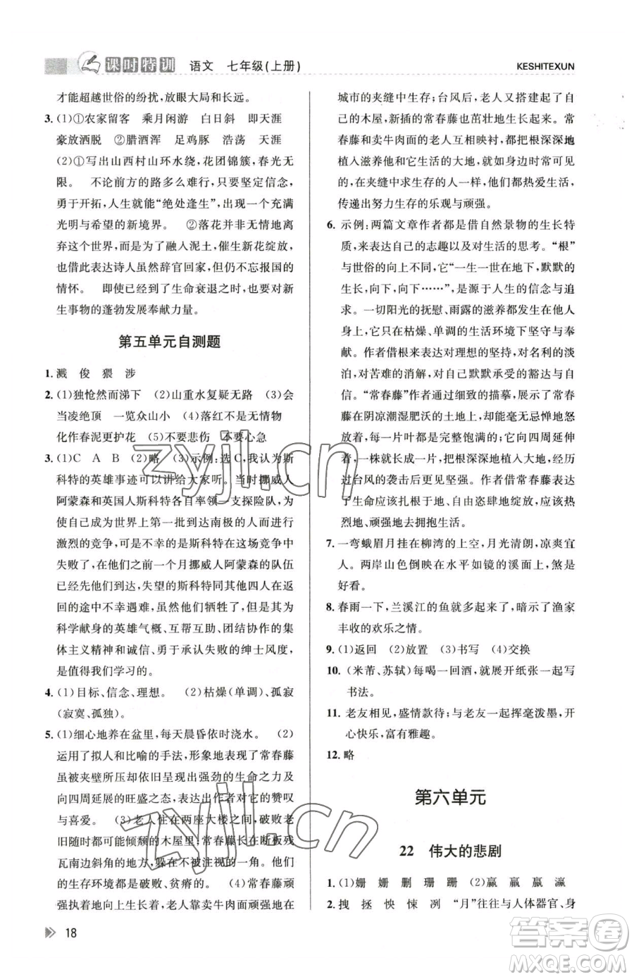 浙江人民出版社2023課時(shí)特訓(xùn)七年級(jí)下冊(cè)語文人教版參考答案