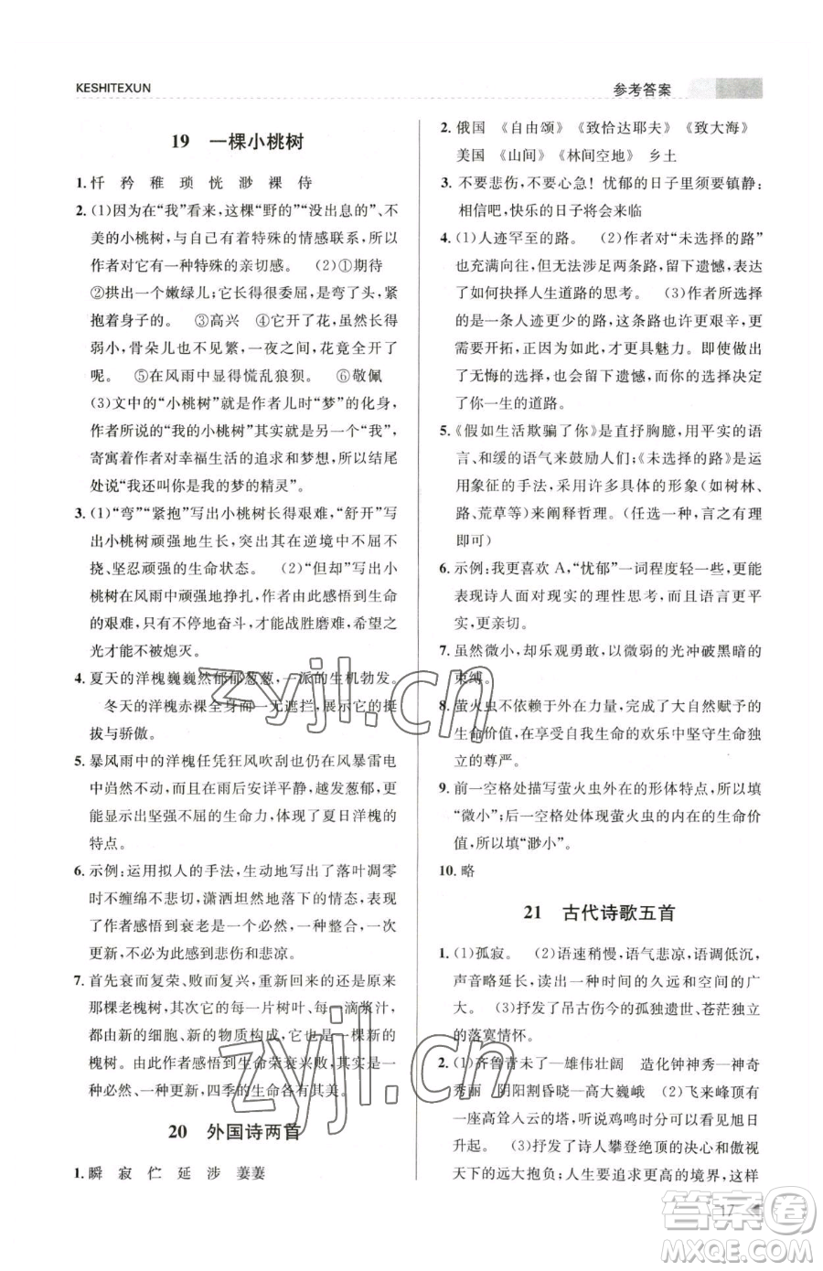 浙江人民出版社2023課時(shí)特訓(xùn)七年級(jí)下冊(cè)語文人教版參考答案