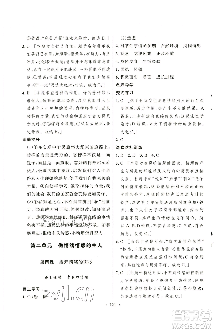 陜西人民出版社2023實驗教材新學(xué)案七年級下冊道德與法治人教版參考答案