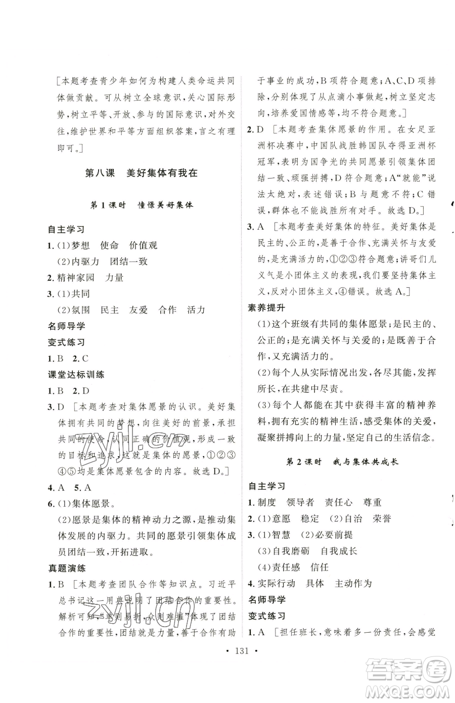 陜西人民出版社2023實驗教材新學(xué)案七年級下冊道德與法治人教版參考答案