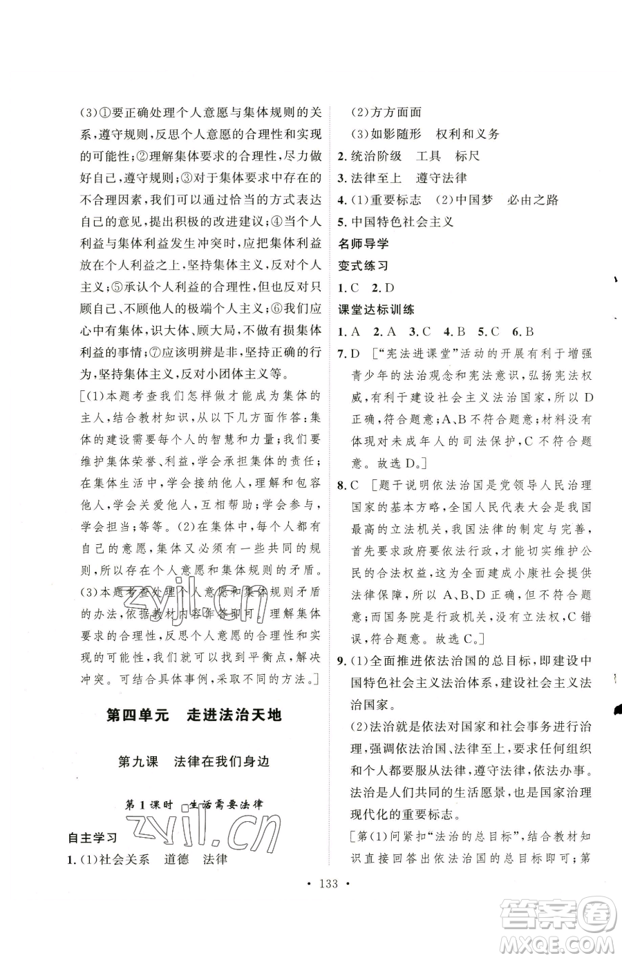 陜西人民出版社2023實驗教材新學(xué)案七年級下冊道德與法治人教版參考答案