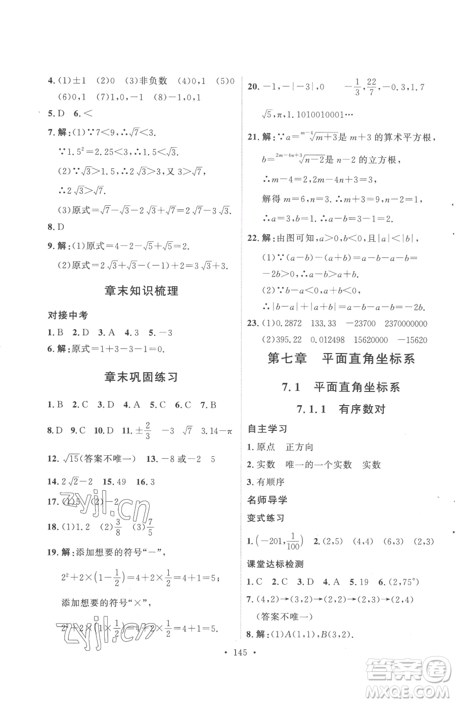 陜西人民出版社2023實(shí)驗(yàn)教材新學(xué)案七年級(jí)下冊(cè)數(shù)學(xué)人教版參考答案