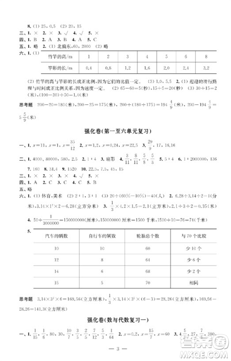 江蘇鳳凰教育出版社2023小學(xué)數(shù)學(xué)強(qiáng)化拓展卷六年級(jí)下冊(cè)蘇教版提優(yōu)版參考答案