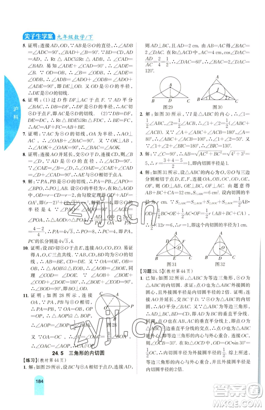 吉林人民出版社2023尖子生學(xué)案九年級(jí)下冊(cè)數(shù)學(xué)滬科版參考答案