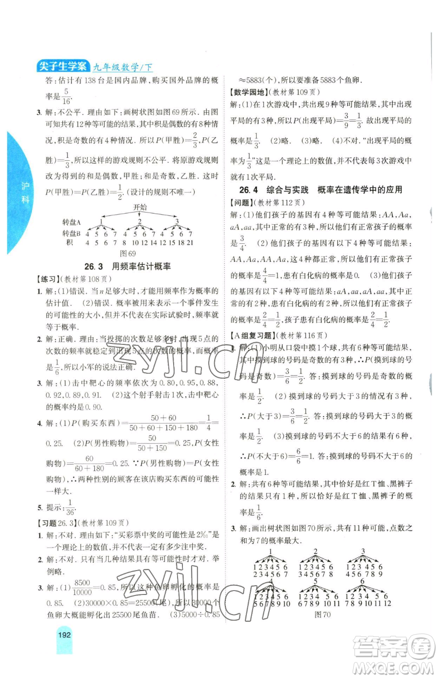 吉林人民出版社2023尖子生學(xué)案九年級(jí)下冊(cè)數(shù)學(xué)滬科版參考答案