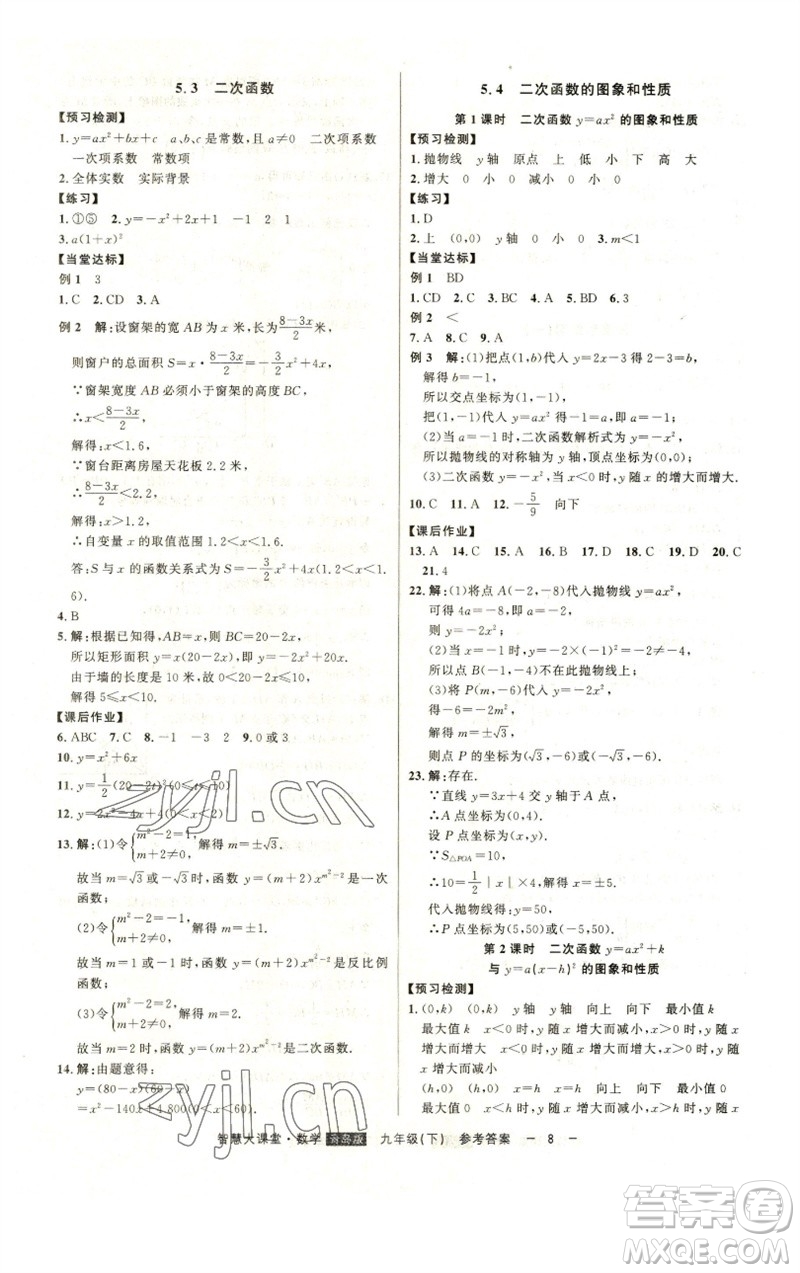 吉林人民出版社2023初中新課標(biāo)名師學(xué)案智慧大課堂九年級數(shù)學(xué)下冊青島版參考答案