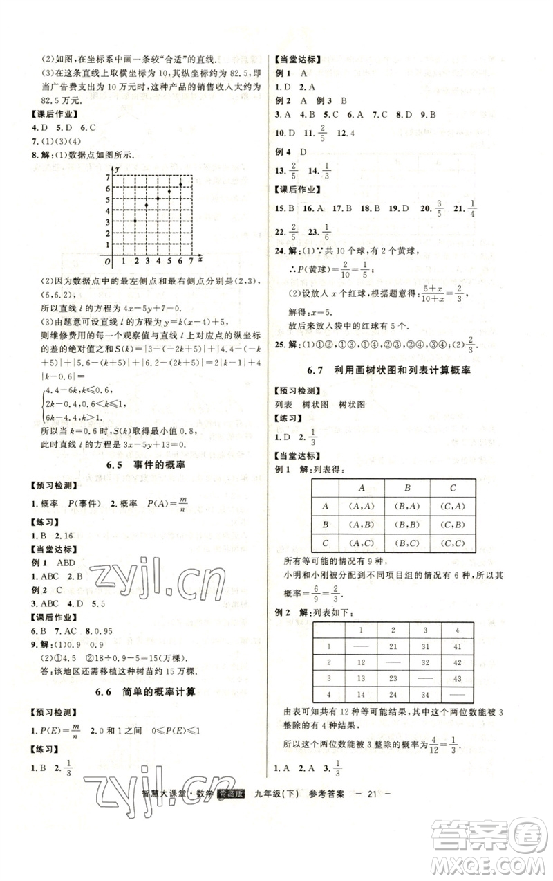 吉林人民出版社2023初中新課標(biāo)名師學(xué)案智慧大課堂九年級數(shù)學(xué)下冊青島版參考答案