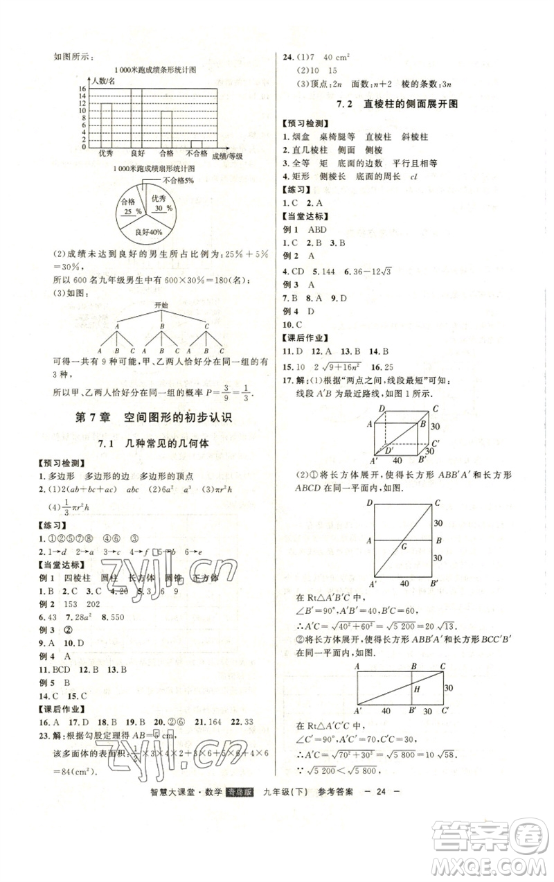 吉林人民出版社2023初中新課標(biāo)名師學(xué)案智慧大課堂九年級數(shù)學(xué)下冊青島版參考答案