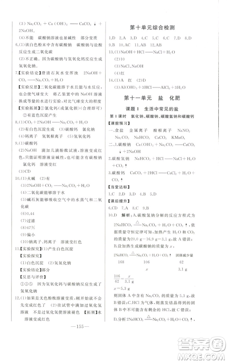 吉林人民出版社2023初中新課標(biāo)名師學(xué)案智慧大課堂九年級(jí)化學(xué)下冊(cè)人教版參考答案