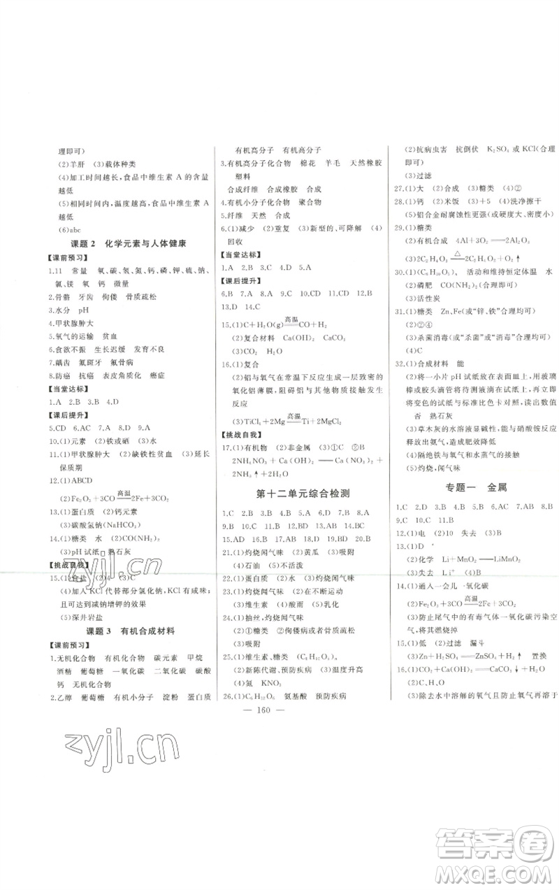 吉林人民出版社2023初中新課標(biāo)名師學(xué)案智慧大課堂九年級(jí)化學(xué)下冊(cè)人教版參考答案