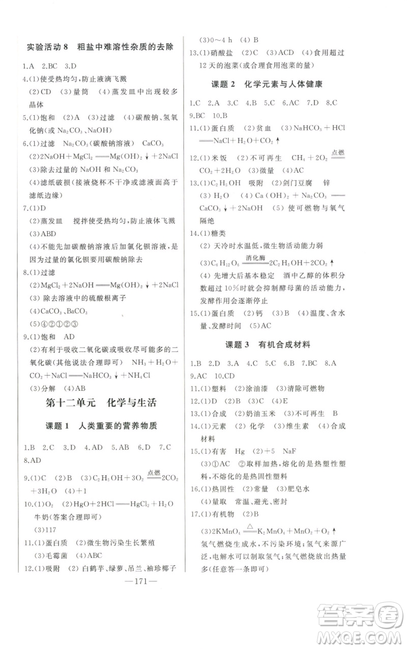 吉林人民出版社2023初中新課標(biāo)名師學(xué)案智慧大課堂九年級(jí)化學(xué)下冊(cè)人教版參考答案