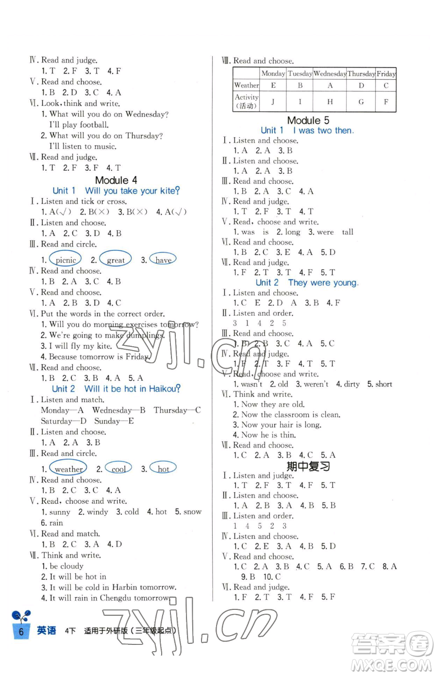 四川教育出版社2023新課標(biāo)小學(xué)生學(xué)習(xí)實踐園地四年級下冊英語外研版三起參考答案