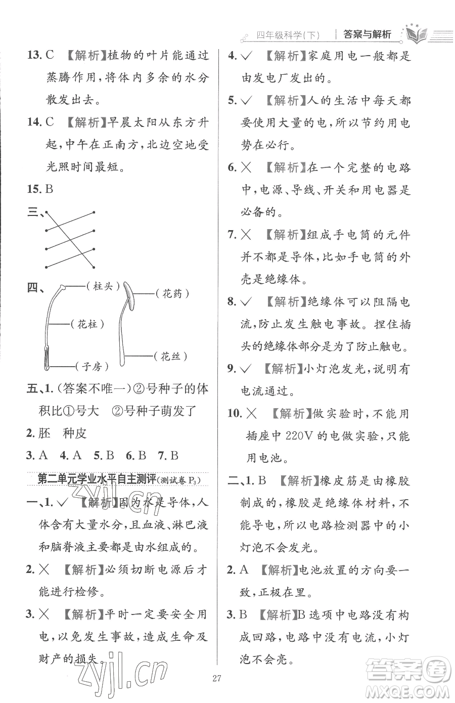 陜西人民教育出版社2023小學(xué)教材全練四年級(jí)下冊(cè)科學(xué)教科版參考答案