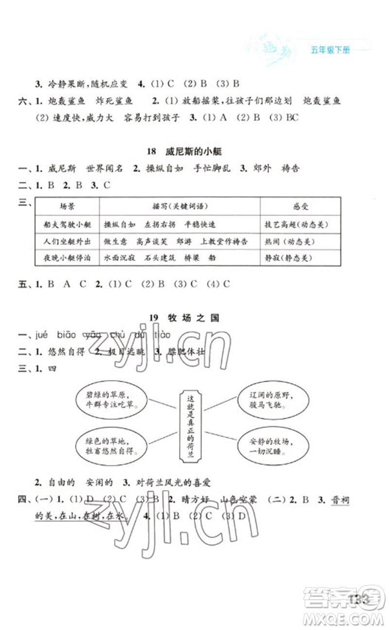 江蘇鳳凰教育出版社2023練習(xí)與測(cè)試小學(xué)語(yǔ)文五年級(jí)下冊(cè)人教版陜西專版參考答案