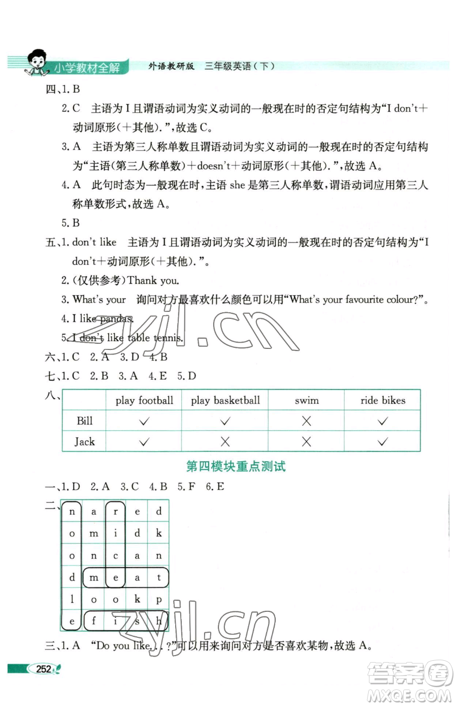 陜西人民教育出版社2023小學(xué)教材全解三年級下冊英語外研版三起參考答案