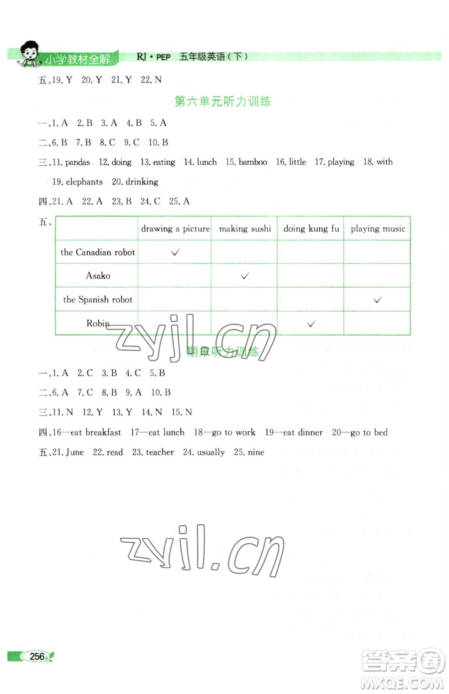 陜西人民教育出版社2023小學(xué)教材全解五年級(jí)下冊(cè)英語(yǔ)人教PEP版三起參考答案