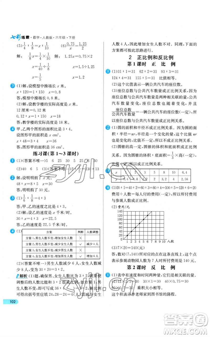 河北教育出版社2023七彩練霸六年級(jí)數(shù)學(xué)下冊(cè)人教版參考答案