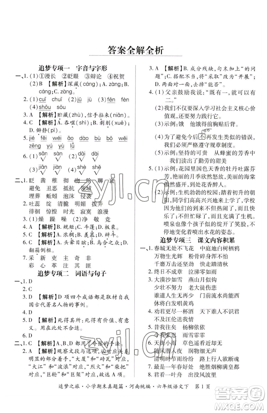 天津科學(xué)技術(shù)出版社2023追夢之旅小學(xué)期末真題篇六年級下冊語文人教版河南專版參考答案