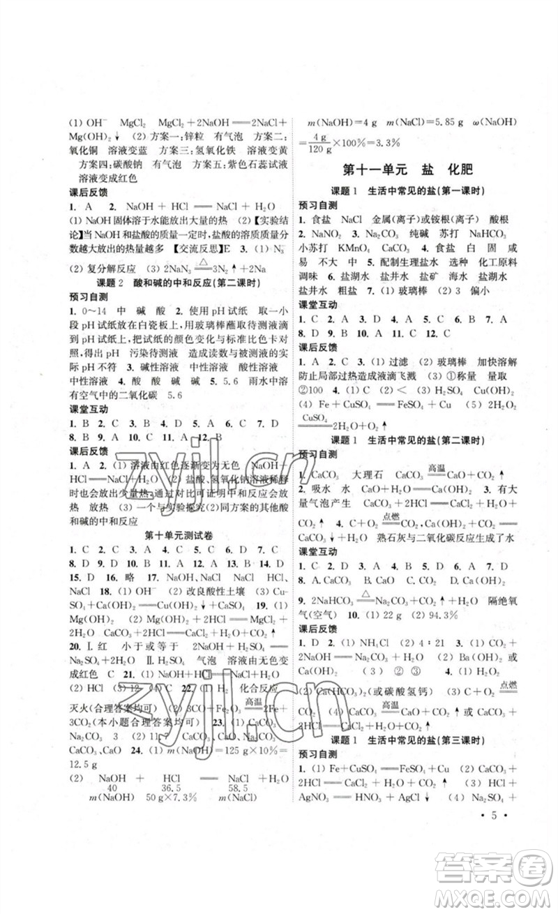 黃山書社2023高效精練九年級化學(xué)下冊人教版參考答案