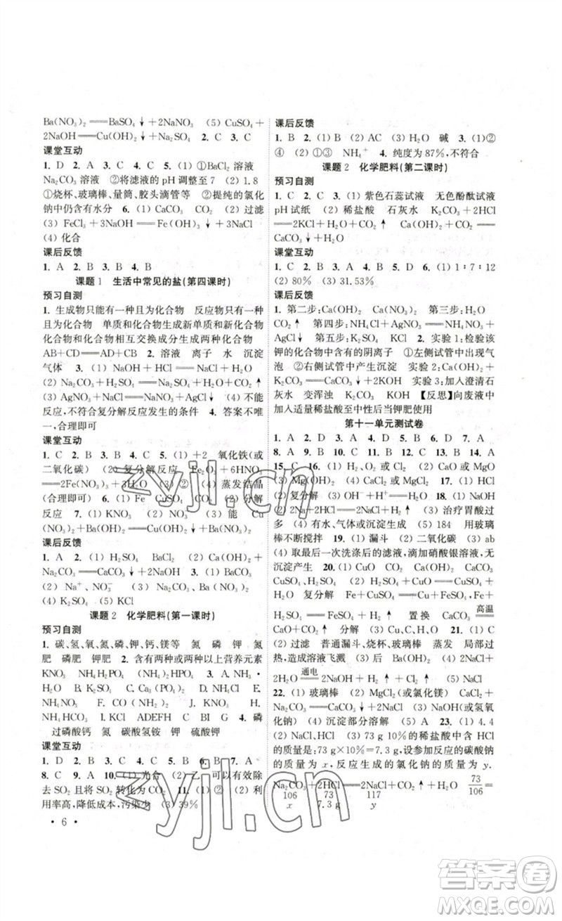 黃山書社2023高效精練九年級化學(xué)下冊人教版參考答案