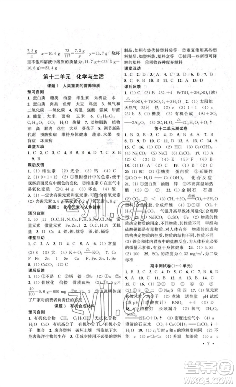 黃山書社2023高效精練九年級化學(xué)下冊人教版參考答案