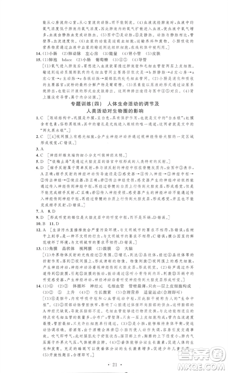 安徽人民出版社2023思路教練同步課時作業(yè)七年級生物下冊人教版參考答案