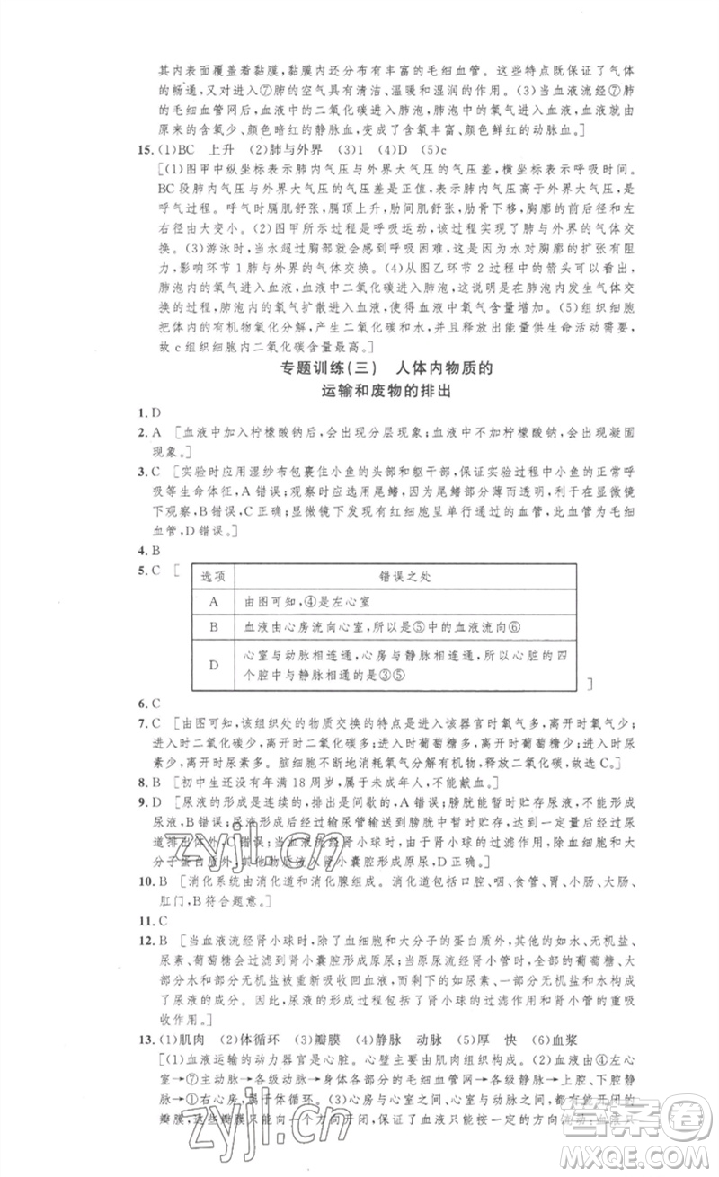 安徽人民出版社2023思路教練同步課時作業(yè)七年級生物下冊人教版參考答案