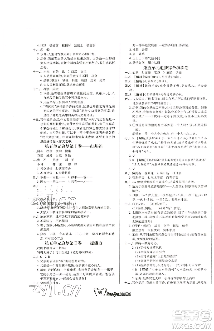 天津科學技術出版社2023追夢之旅鋪路卷六年級下冊語文人教版河南專版參考答案