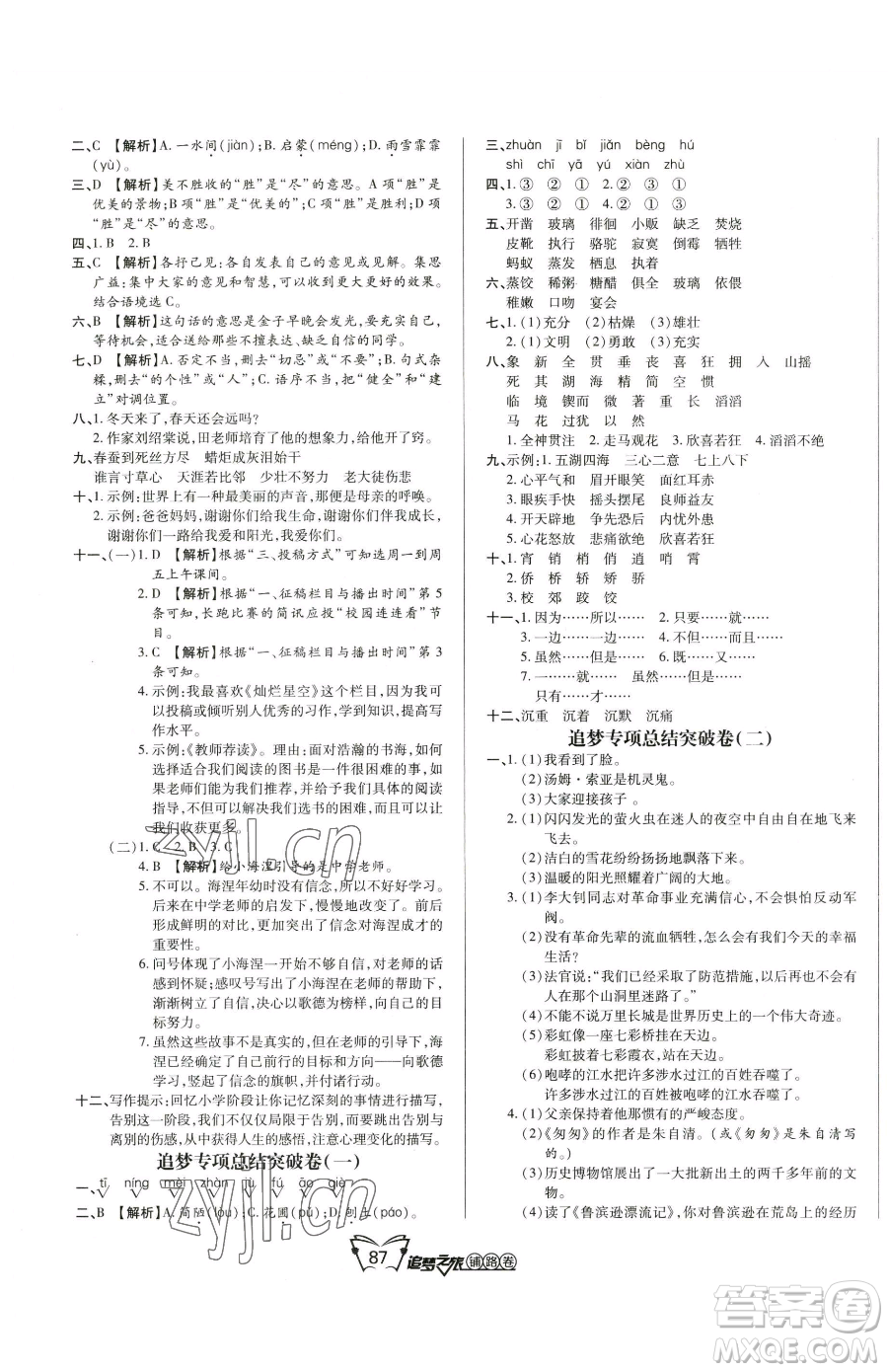 天津科學技術出版社2023追夢之旅鋪路卷六年級下冊語文人教版河南專版參考答案