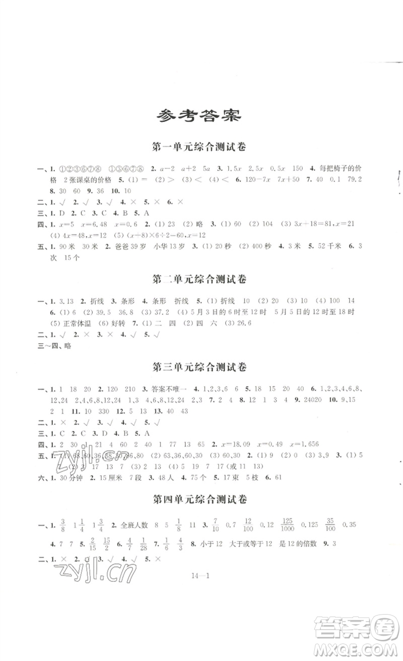 江蘇鳳凰科學(xué)技術(shù)出版社2023同步練習(xí)配套試卷五年級數(shù)學(xué)下冊蘇教版參考答案