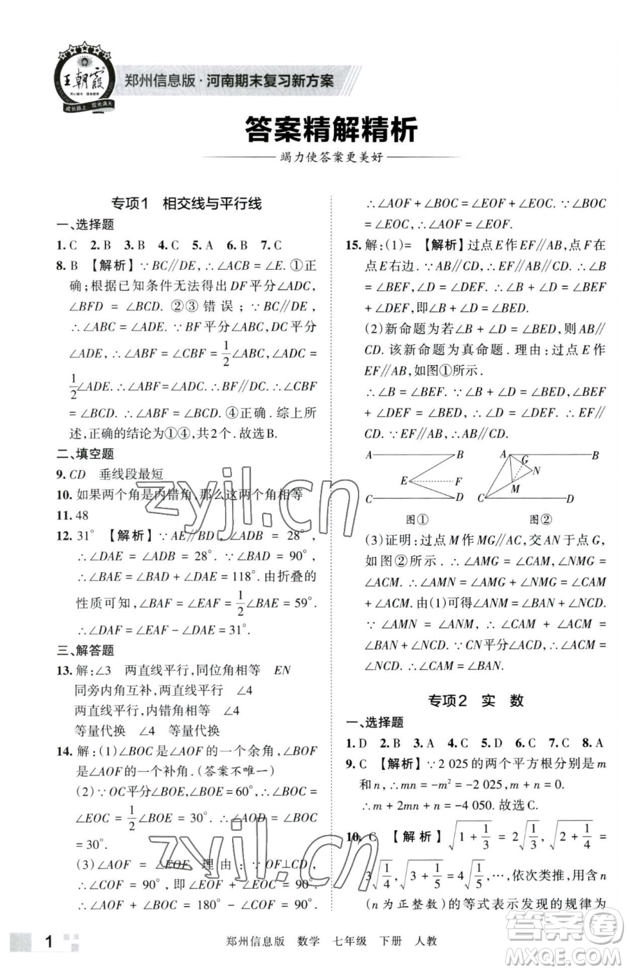 江西人民出版社2023王朝霞期末真題精編七年級(jí)下冊數(shù)學(xué)人教版鄭州專版參考答案