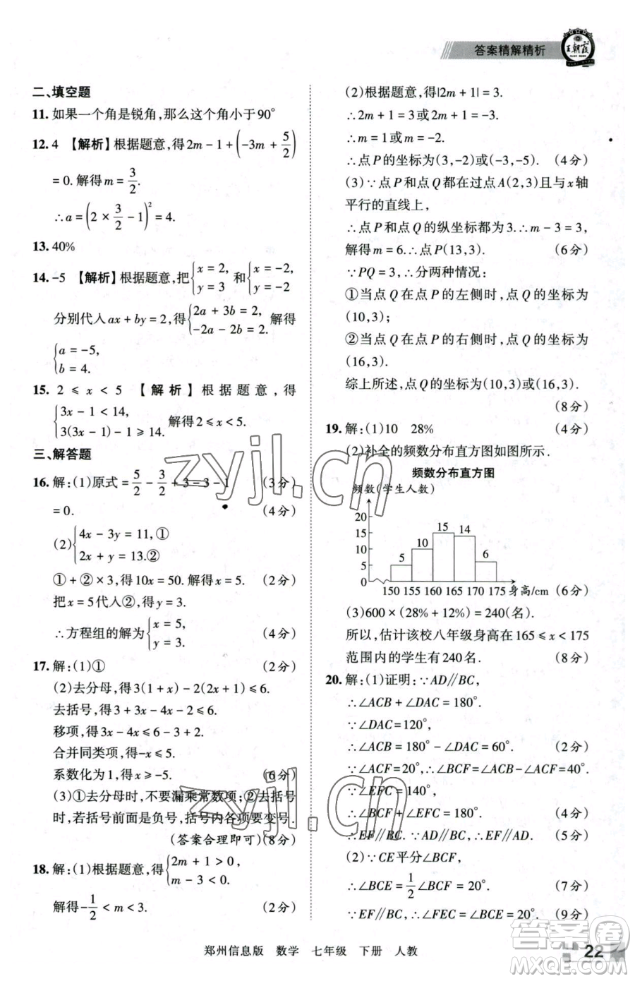 江西人民出版社2023王朝霞期末真題精編七年級(jí)下冊數(shù)學(xué)人教版鄭州專版參考答案