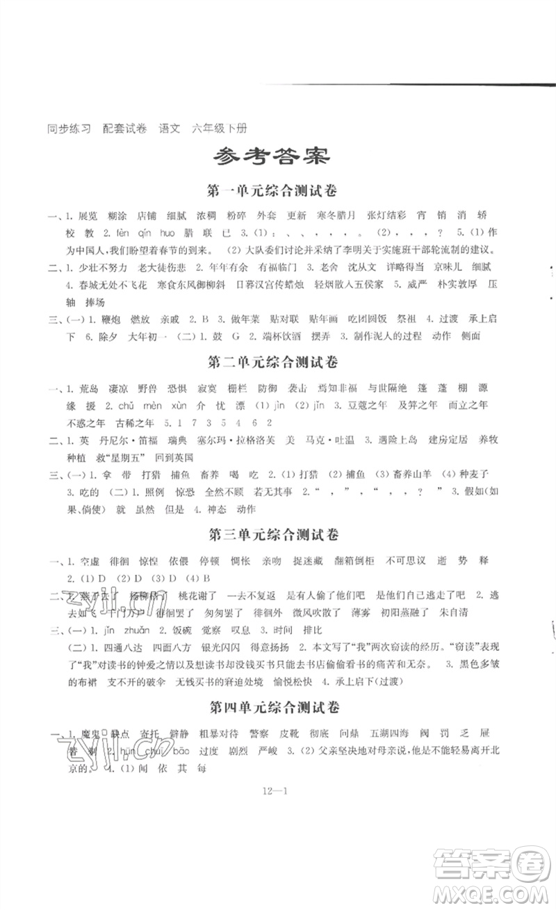 江蘇鳳凰科學(xué)技術(shù)出版社2023同步練習(xí)配套試卷六年級語文下冊人教版參考答案