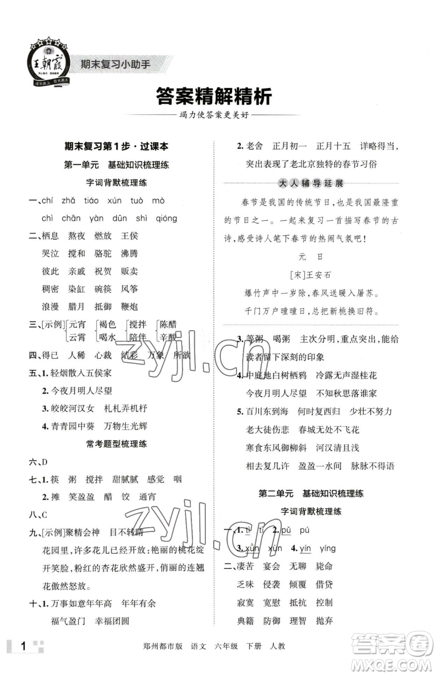 江西人民出版社2023王朝霞期末真題精編六年級(jí)下冊(cè)語(yǔ)文人教版鄭州專版參考答案