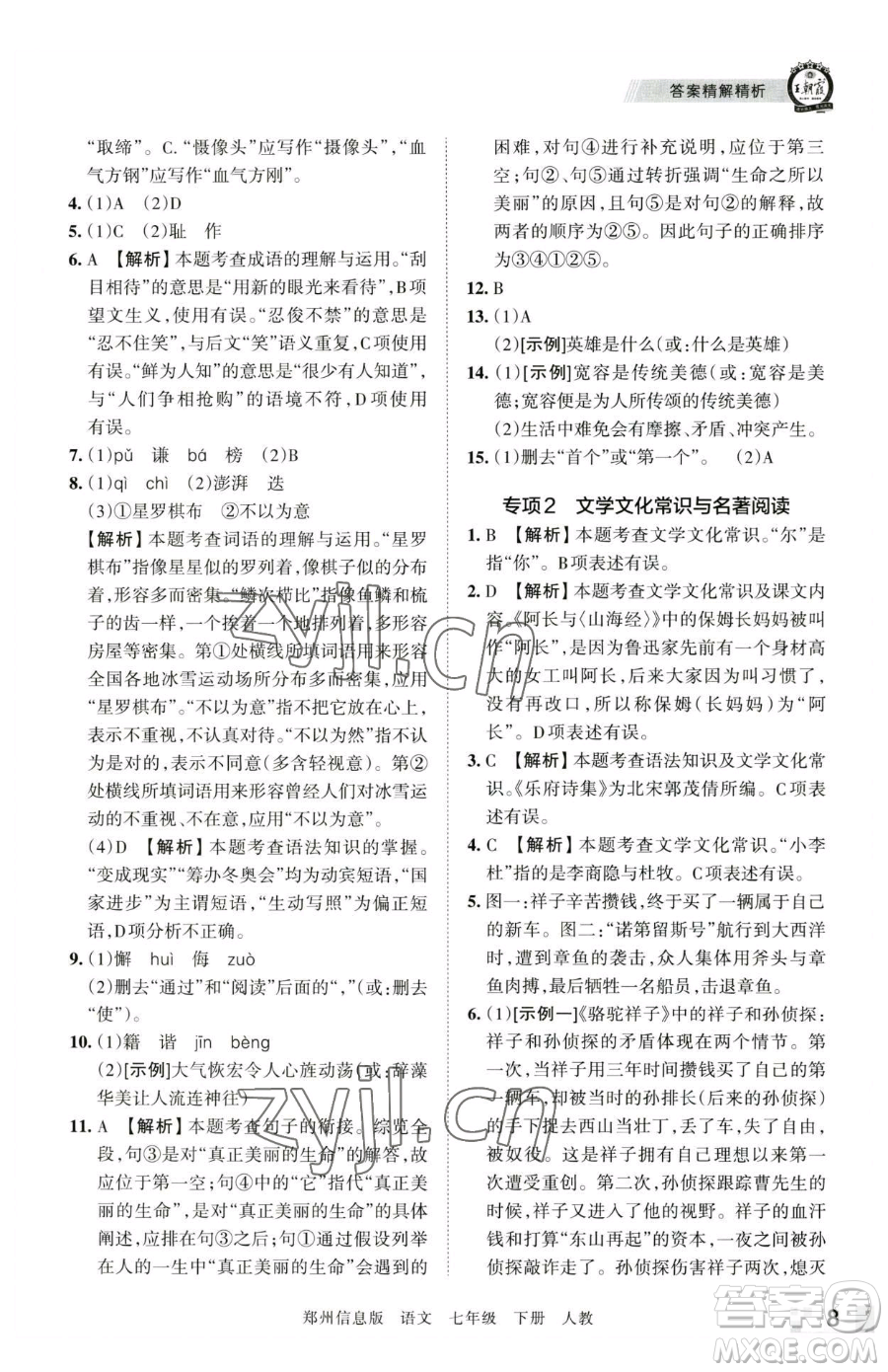 江西人民出版社2023王朝霞期末真題精編七年級(jí)下冊(cè)語文人教版鄭州專版參考答案