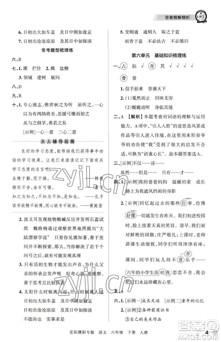 江西人民出版社2023王朝霞期末真題精編六年級下冊語文人教版安濮專版參考答案