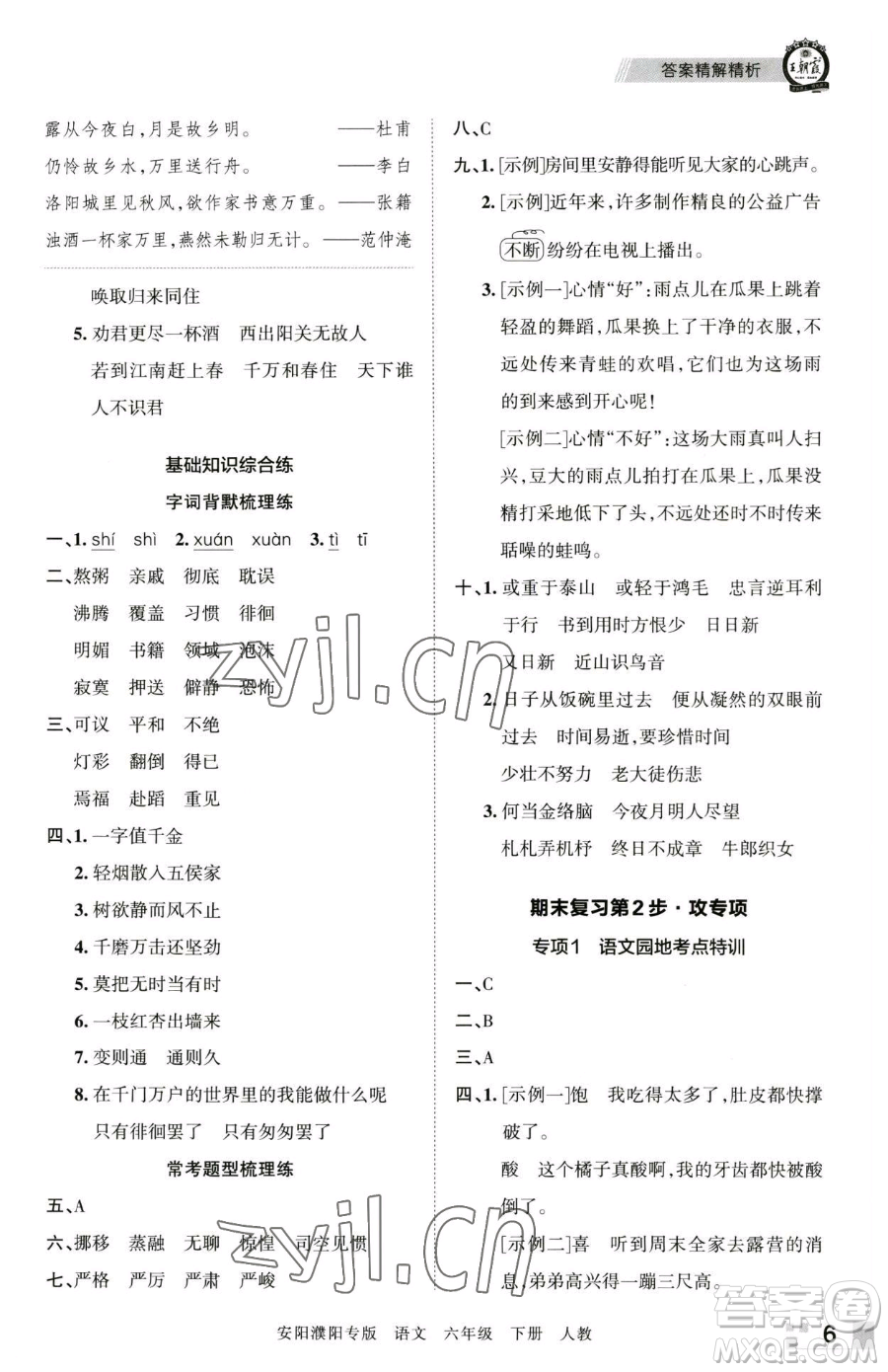 江西人民出版社2023王朝霞期末真題精編六年級下冊語文人教版安濮專版參考答案