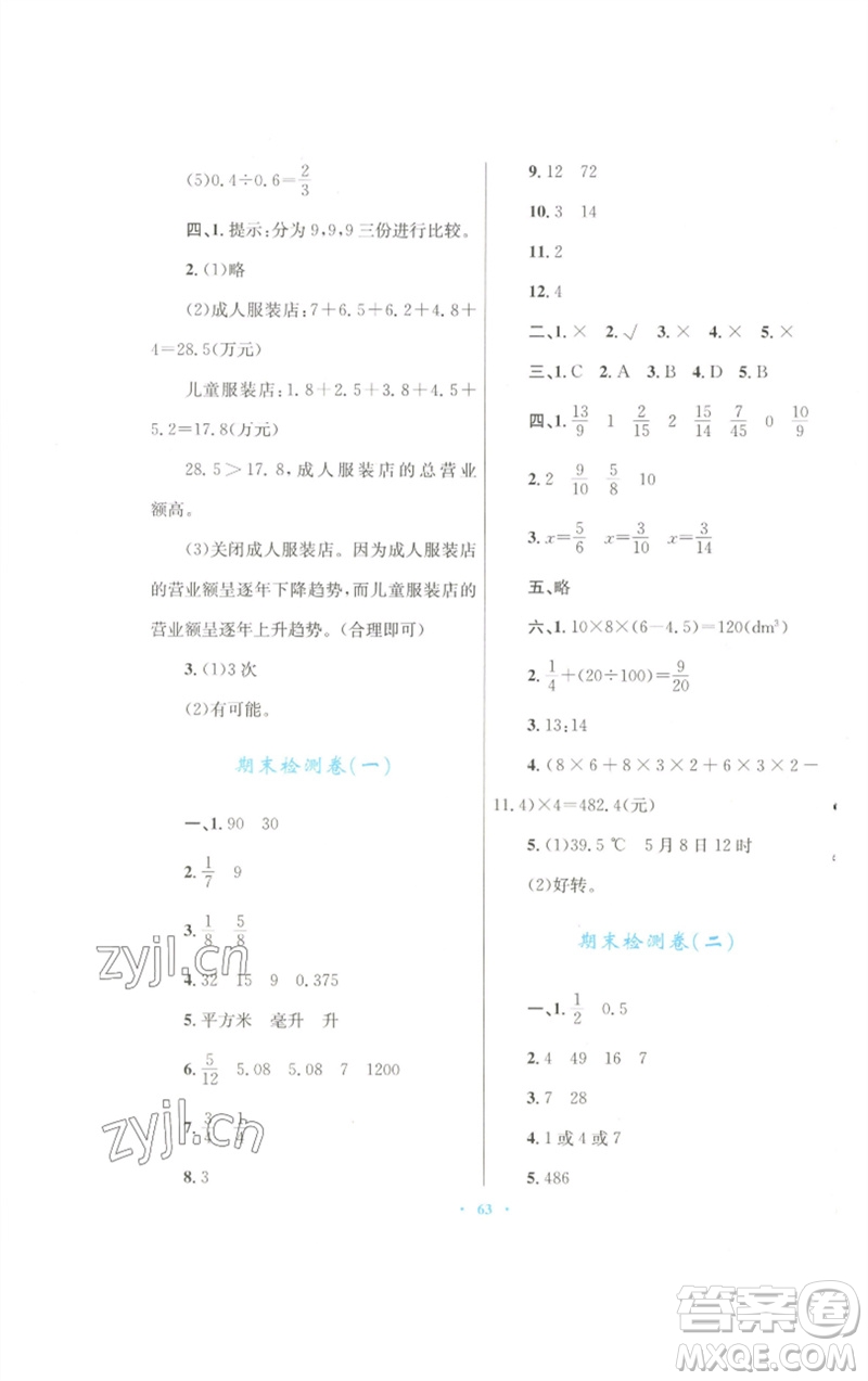 青海人民出版社2023快樂(lè)練練吧同步練習(xí)五年級(jí)數(shù)學(xué)下冊(cè)人教版青海專(zhuān)版參考答案