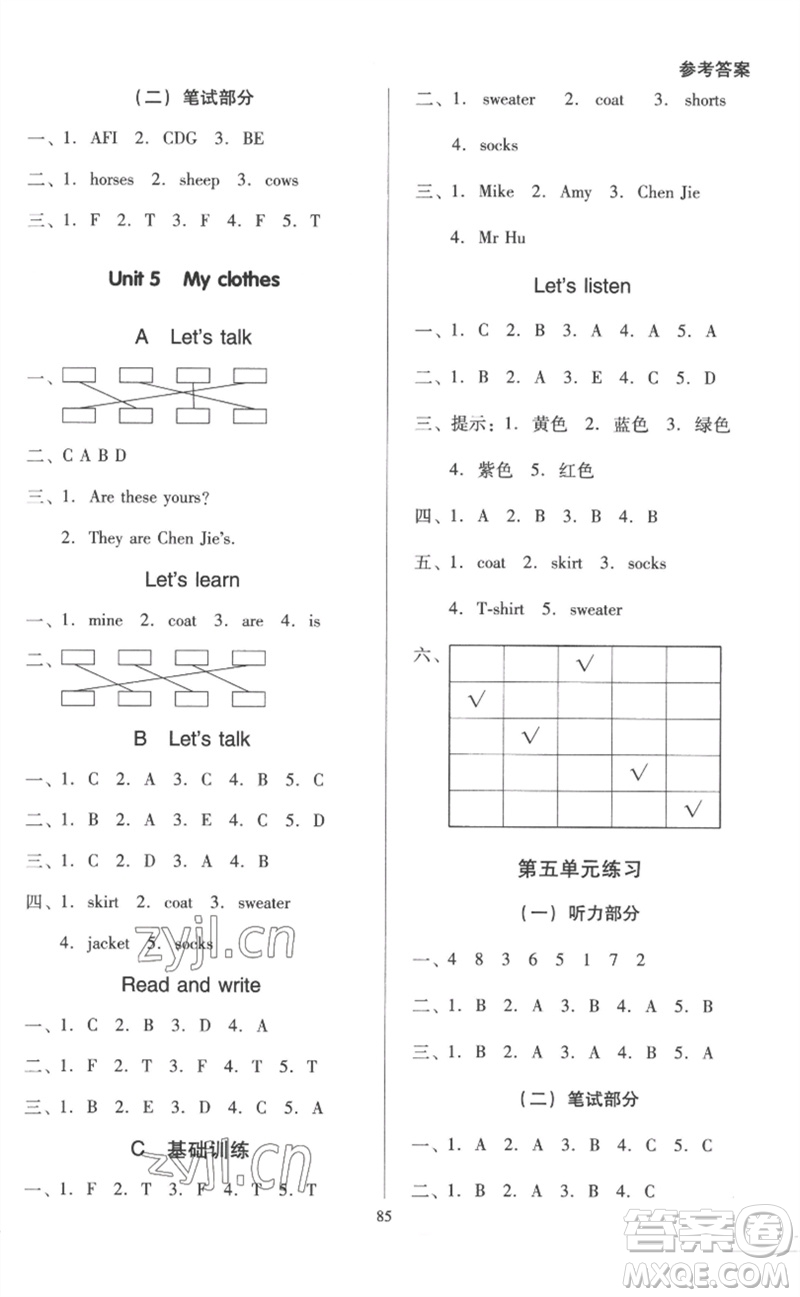 二十一世紀(jì)出版社集團(tuán)2023多A課堂課時(shí)廣東作業(yè)本四年級英語下冊人教PEP版參考答案