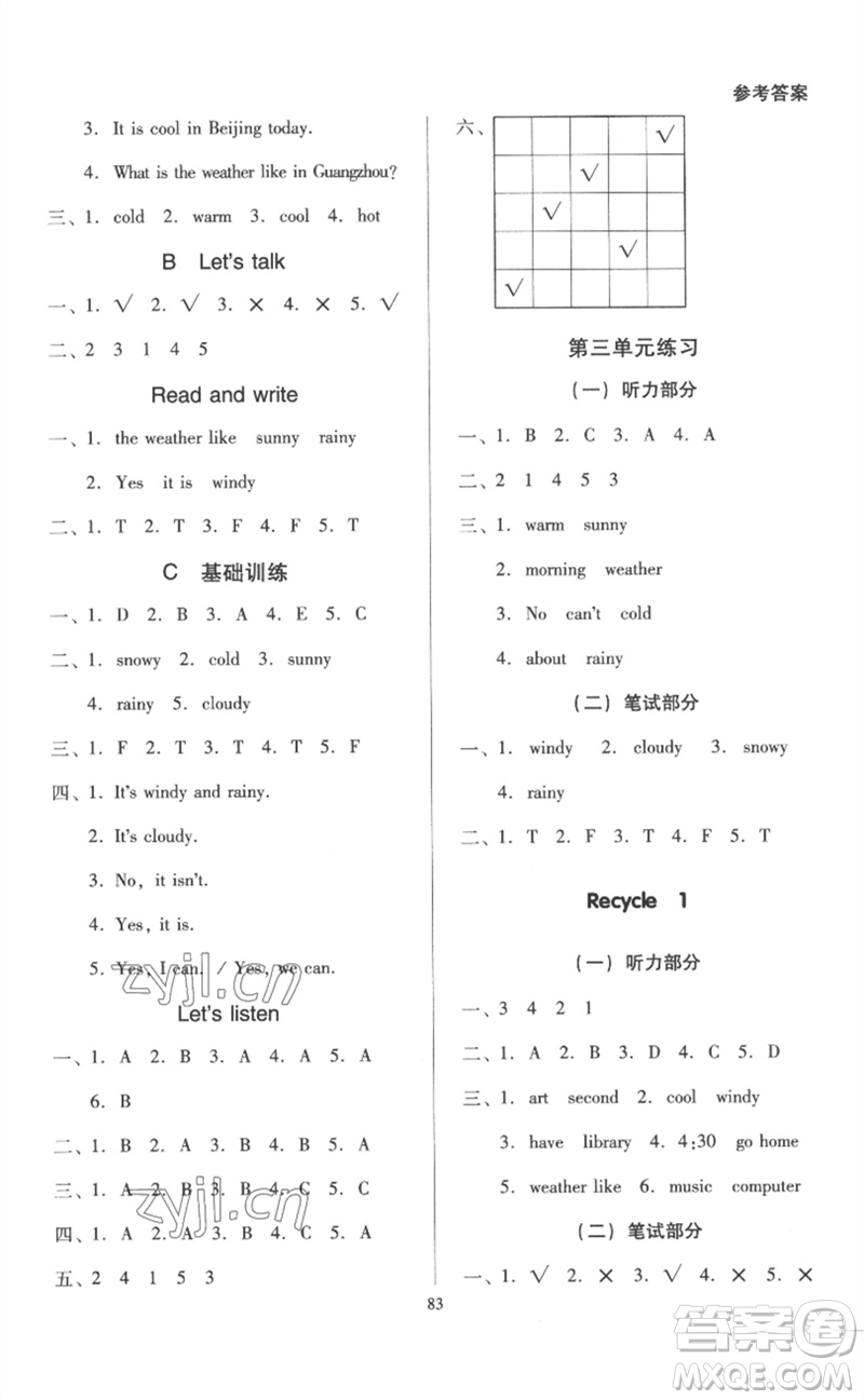 二十一世紀(jì)出版社集團(tuán)2023多A課堂課時(shí)廣東作業(yè)本四年級英語下冊人教PEP版參考答案