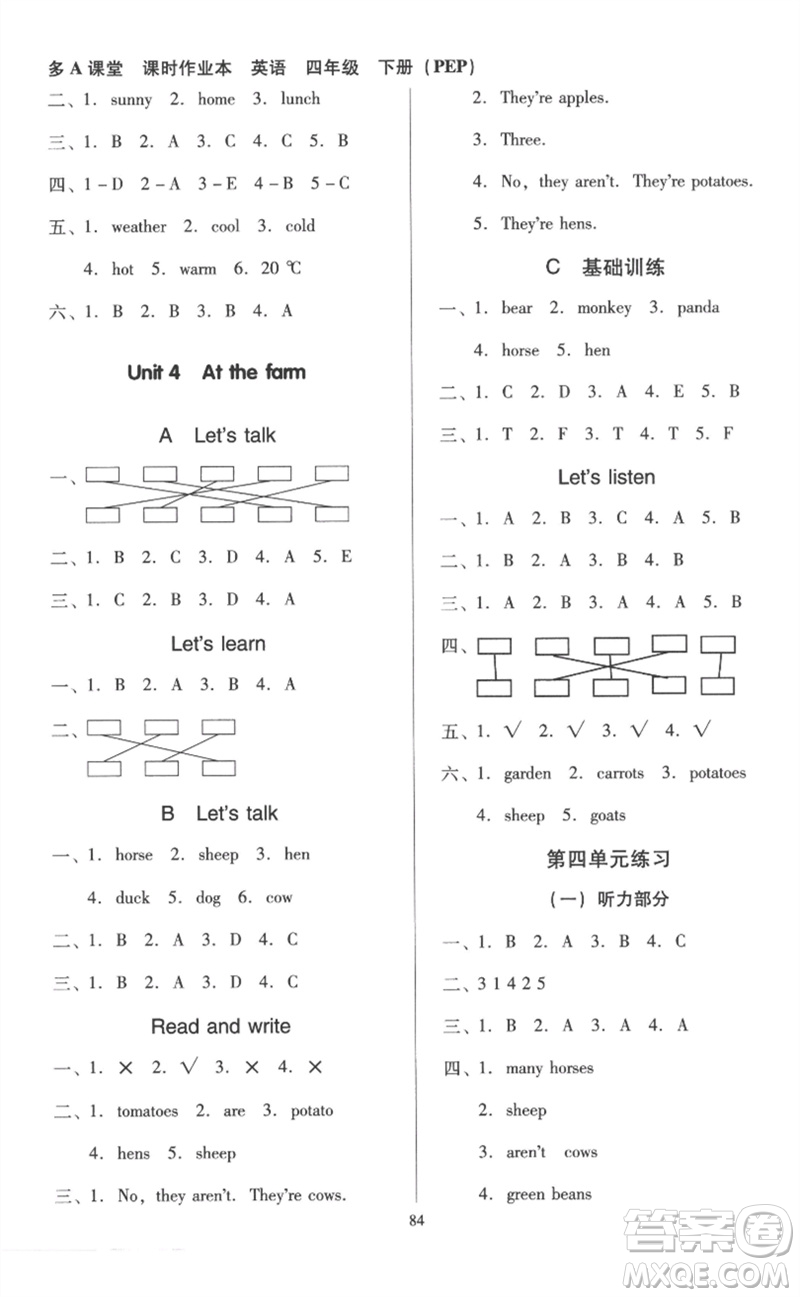 二十一世紀(jì)出版社集團(tuán)2023多A課堂課時(shí)廣東作業(yè)本四年級英語下冊人教PEP版參考答案