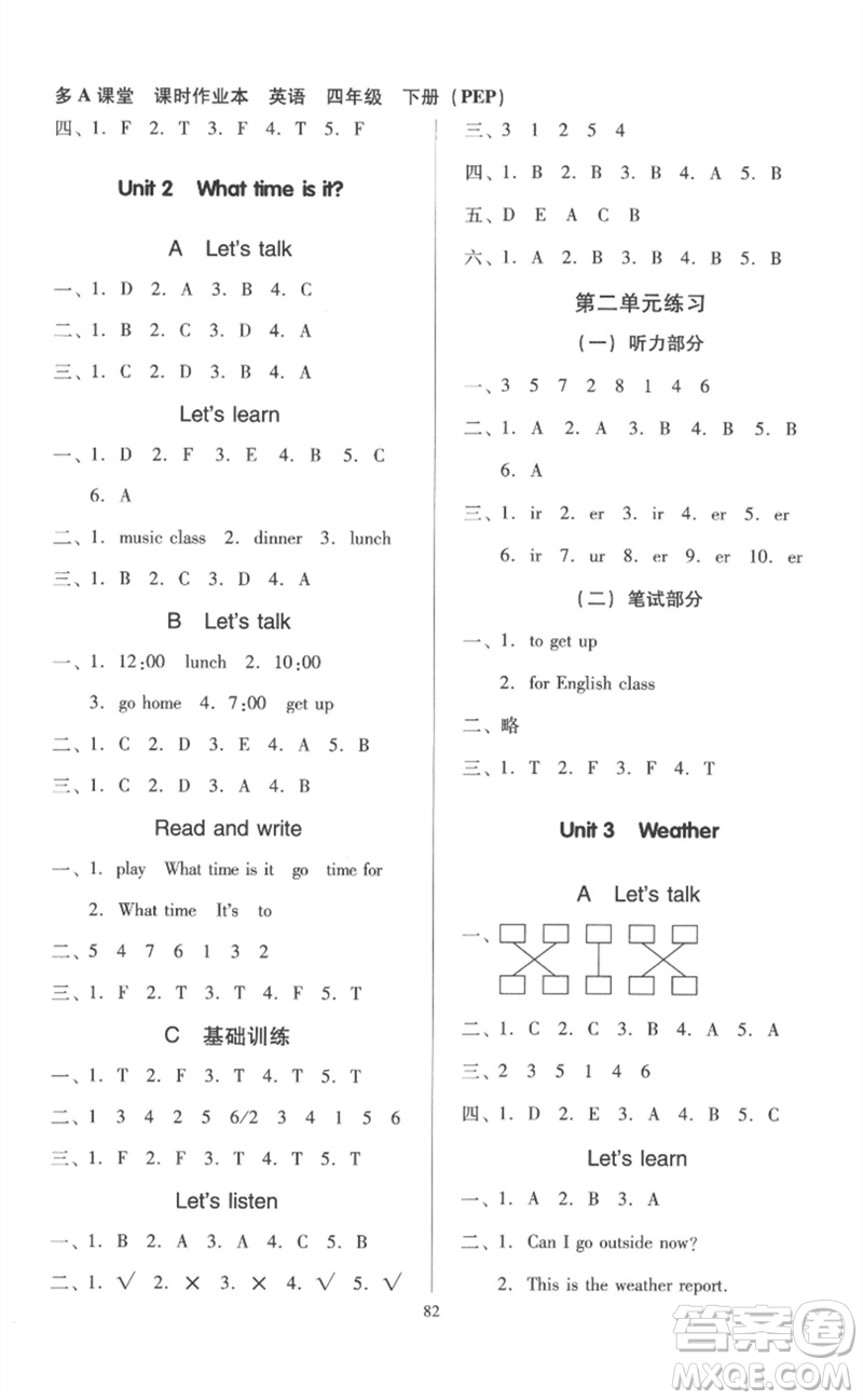 二十一世紀(jì)出版社集團(tuán)2023多A課堂課時(shí)廣東作業(yè)本四年級英語下冊人教PEP版參考答案