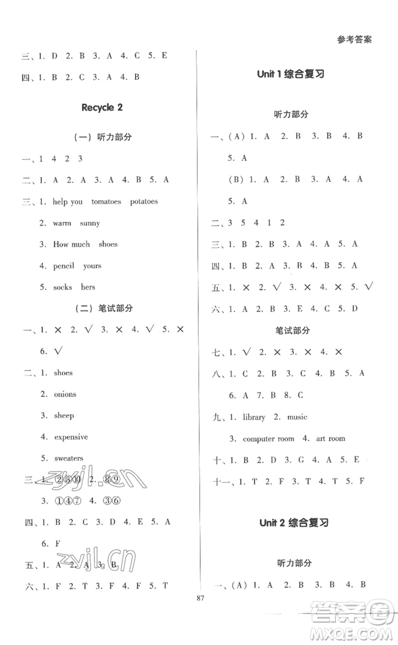 二十一世紀(jì)出版社集團(tuán)2023多A課堂課時(shí)廣東作業(yè)本四年級英語下冊人教PEP版參考答案