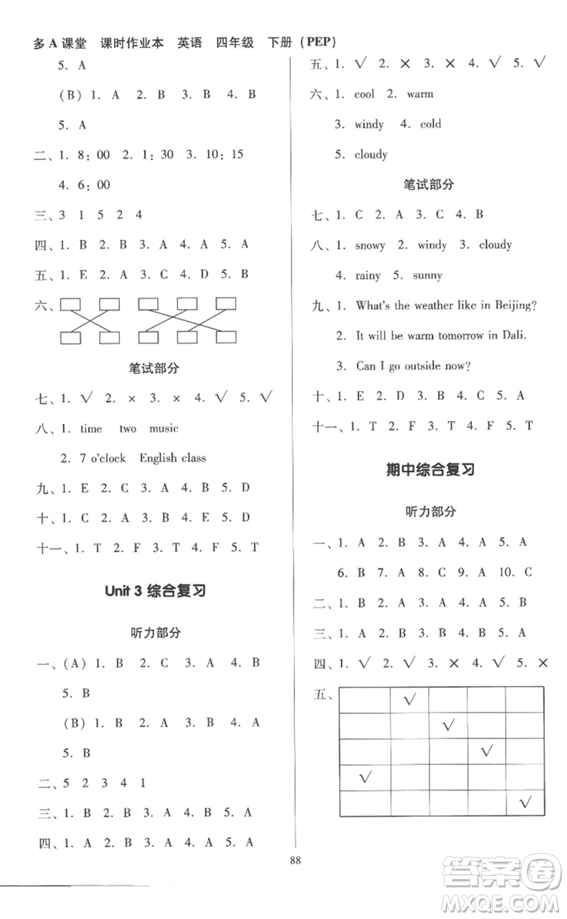 二十一世紀(jì)出版社集團(tuán)2023多A課堂課時(shí)廣東作業(yè)本四年級英語下冊人教PEP版參考答案