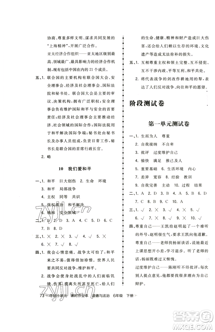 甘肅少年兒童出版社2023智慧翔奪冠小狀元課時(shí)作業(yè)本六年級下冊道德與法治人教版參考答案