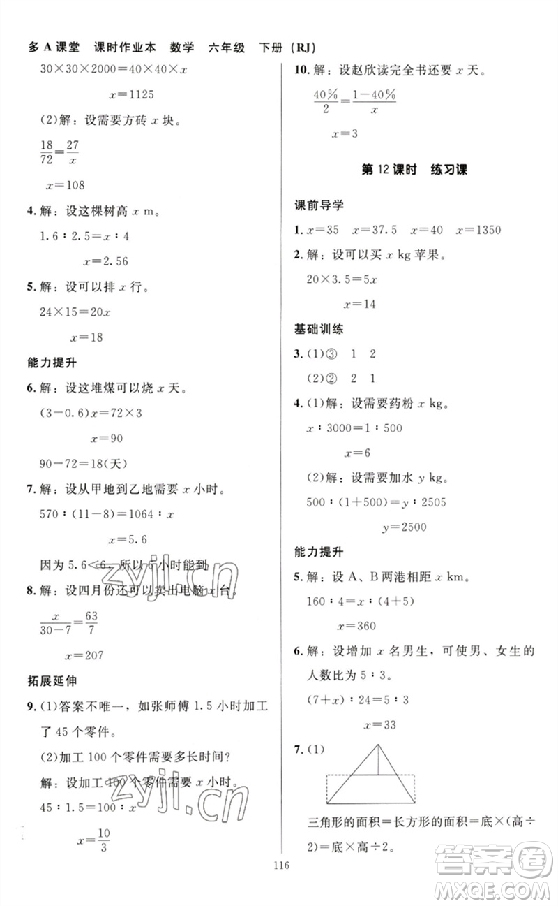 二十一世紀(jì)出版社集團2023多A課堂課時廣東作業(yè)本六年級數(shù)學(xué)下冊人教版參考答案