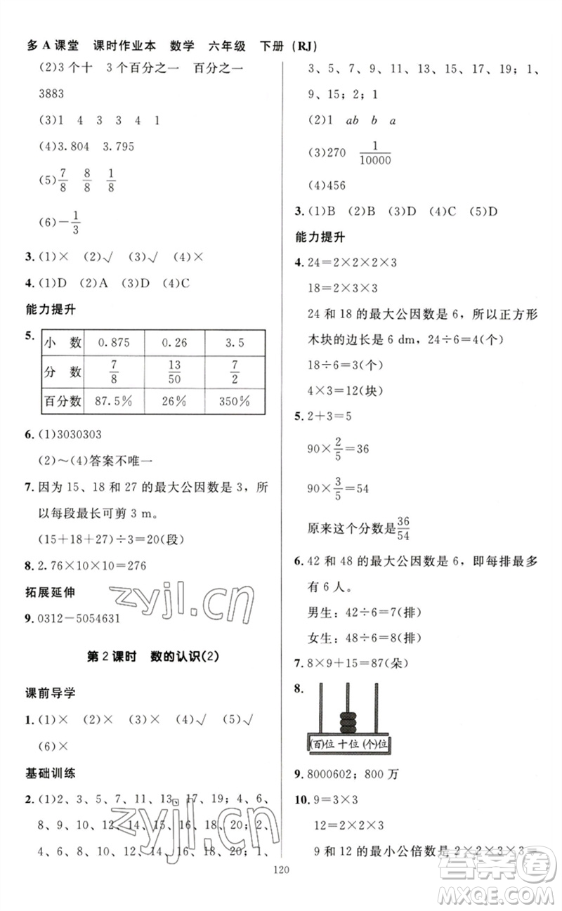 二十一世紀(jì)出版社集團2023多A課堂課時廣東作業(yè)本六年級數(shù)學(xué)下冊人教版參考答案